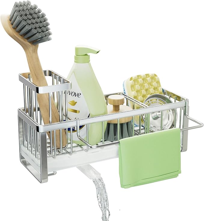 SWTYMIKI Sponge Holder for Kitchen Sink - Sink Caddy with Brush Holder Self-draining Sponge Caddy Organizer with Divider Stainless Steel Kitchen Accessories Storage for Countertop, Silver
