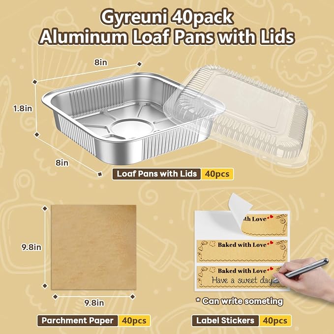 Gyreuni 40 Pack 8x8 Disposable Aluminum Baking Pans with Lids Kit | Heavy-duty aluminum foil pans resist bending and are ideal for baking, storing and transporting food.