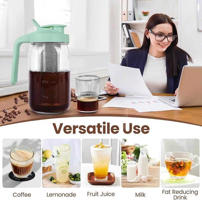 Cold Brew Coffee Maker, 32 oz Mason Jar Pitcher with Stainless Steel Filter, Pour Spout Handle Lid, Heavy Duty Glass Airtight & Leak-Proof for Iced Coffee,Tea & Lemonade