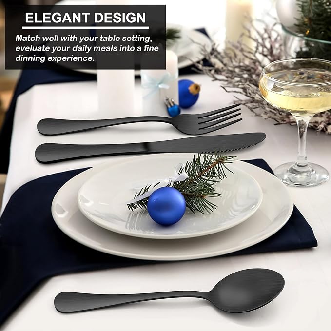 LIANYU 20 Piece Matte Black Silverware Set, Stainless Steel Black Flatware Cutlery Set for 4, Fancy Kitchen Utensil Tableware for Home Restaurant Party, Satin Finish, Dishwasher Safe | Cutlery Set for 4, Fancy Kitchen Utensil Tableware for Home Restaur...