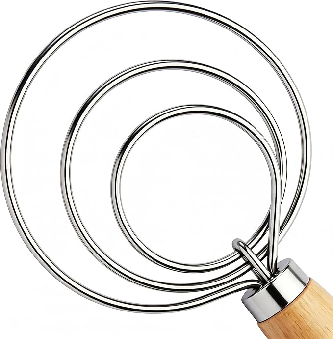 TEEVEA Danish Dough Whisk Wooden Handle Stainless Steel for Sourdough Bread | Dutch Dough Hook, Replaces Hand Mixer and Spoon, Bread Baking Tool, Food Grade Rust Resistant Steel, Non-Stick, Easy to Clean