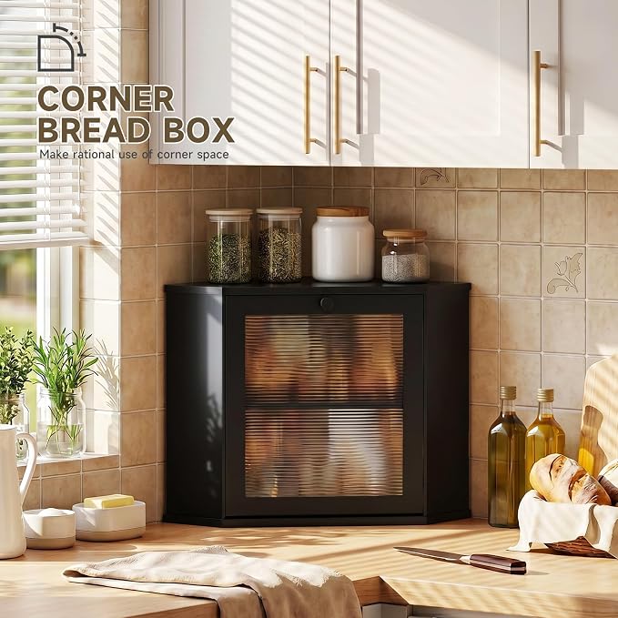 Bread Box for Kitchen Corner Countertop,Large Bread Basket (Black, Large) | Double Layer Bamboo Bread Storage Container for Kitchen Countertop,Height Adjustable