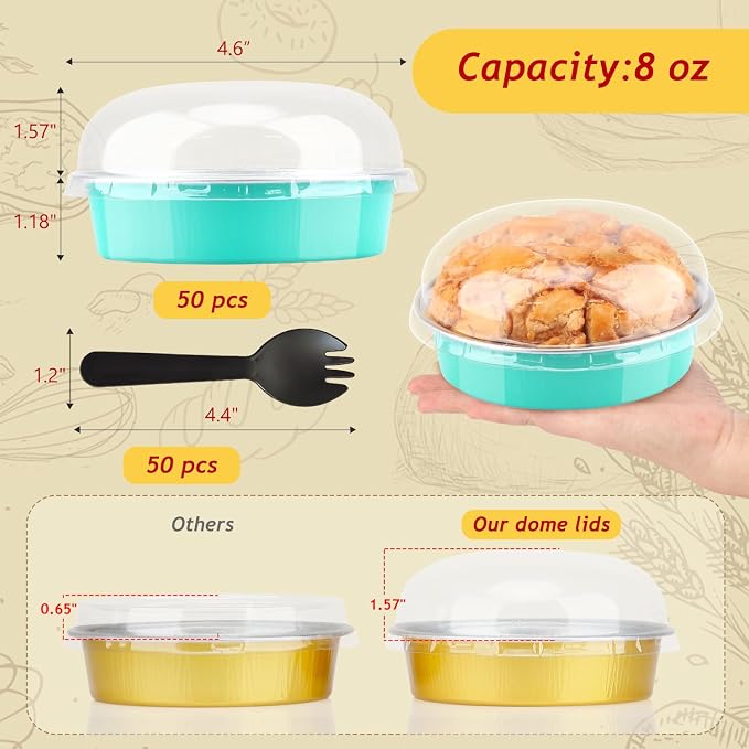 LNYZQUS 8oz Mini Pie Tins with Lids 50 Pack, 4 Inch Individual Cake Pans | Foil Disposable, Small Cake Tins, Mini Pie Containers, for Grad Bake Sale Baking and Packaging, Cyan Blue