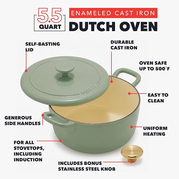 GreenPan x Bobby Flay 5.5QT Enameled Cast Iron Dutch Oven With Lid, Green | Casserole Pot for Braising, Stews, Bread Baking & Searing, Self-Basting Lid, Induction Ready, Oven Safe To 500, Gold Lid Knob