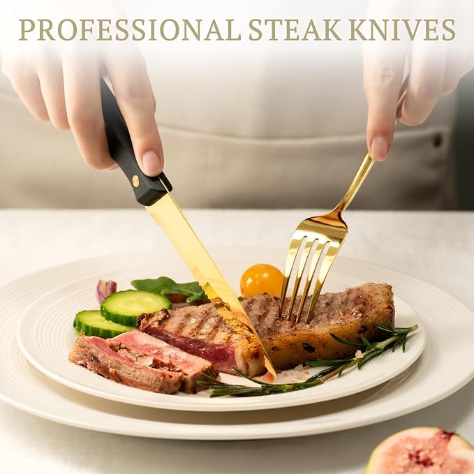 Astercook 24-Piece Silverware Set with Steak Knives Gold Flatware Set for 4 Food-Grade Stainless Steel Cutlery Set Mirror Polished Utensils Set Include Spoons and Forks for Home Kitchen Restaurant