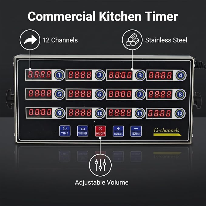 12 Channel Precision Kitchen Timers for Cooking, Commercial Kitchen Timer Restaurant Kitchen Supplies, Stainless Steel Digital LED Chef Cooking Timer, Reminder Function, Drillable wall mounting