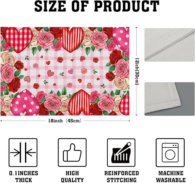 Red Rose Love Heart Polka Dots Stripe Placemat Set of 4,12x18 Inch Romantic Vintage Floral Farmhouse Holiday Wedding Anniversary Table Mats for Party Kitchen Dining Decoration