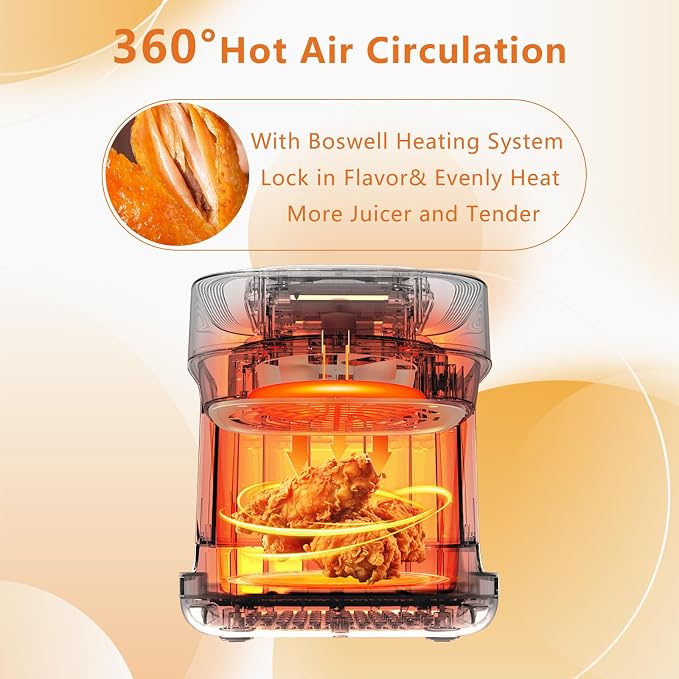 BOSWELL 7.5 QT Large Glass Air Fryer, 6-1 Preset Cook Modes | Transparent Fry Bowl, Black, Circulating Heating & Temperature Control, Steak, Fries, Bake,Chicken, Dishwasher Safe