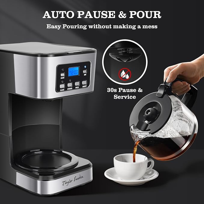 Taylor Swoden 12-Cup Programmable Coffee Maker, Black & Stainless Steel | Regular & Strong Brew Drip Coffee Machine for Home and Office, 24H Timer, Glass Carafe, Pause & Serve, Auto Shut Off