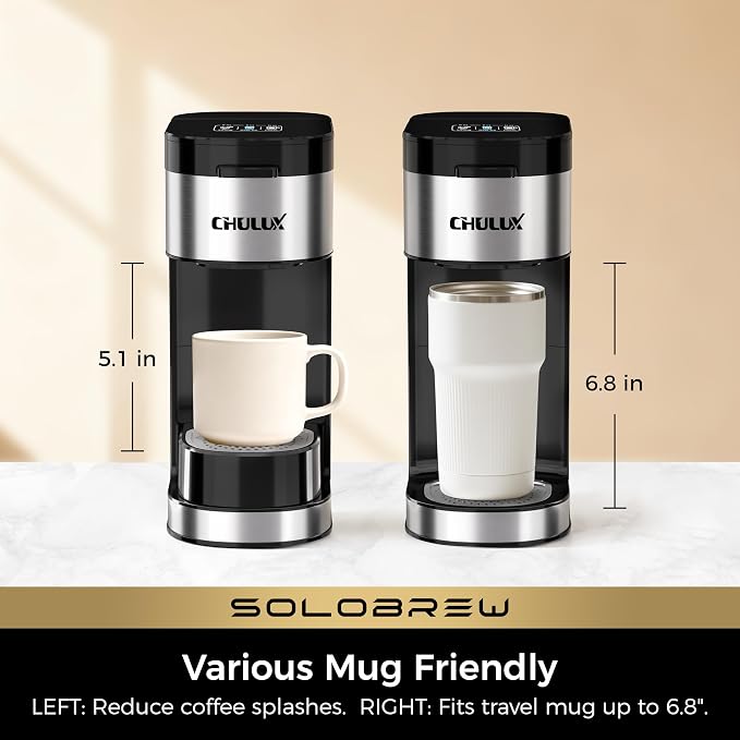CHULUX SoloBrew Single Serve Coffee Maker for K Cup Pod with Ground Filter | 3 Brew Sizes with Strong & Over Ice Buttons, 14 oz Removable Water Tank, 1000 Watts Instant Heating, Stainless Steel Housing