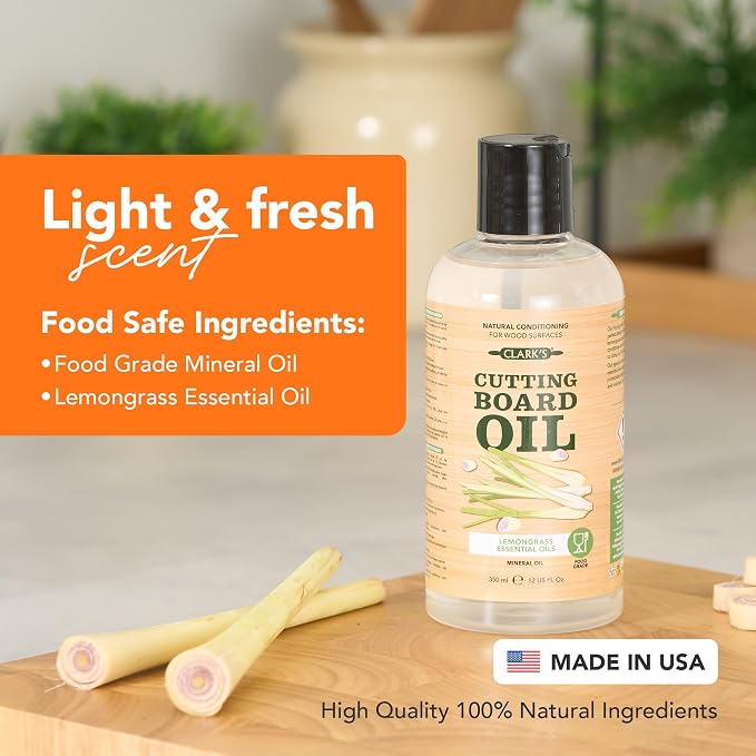 CLARK'S Cutting Board Oil 12 Oz, Food Grade Mineral Oil - Lemongrass Scent | Mineral Oil for Wood Cutting Board Added Lemongrass Essential Oils - Butcher Block Conditioner - Restores and Protects Wood