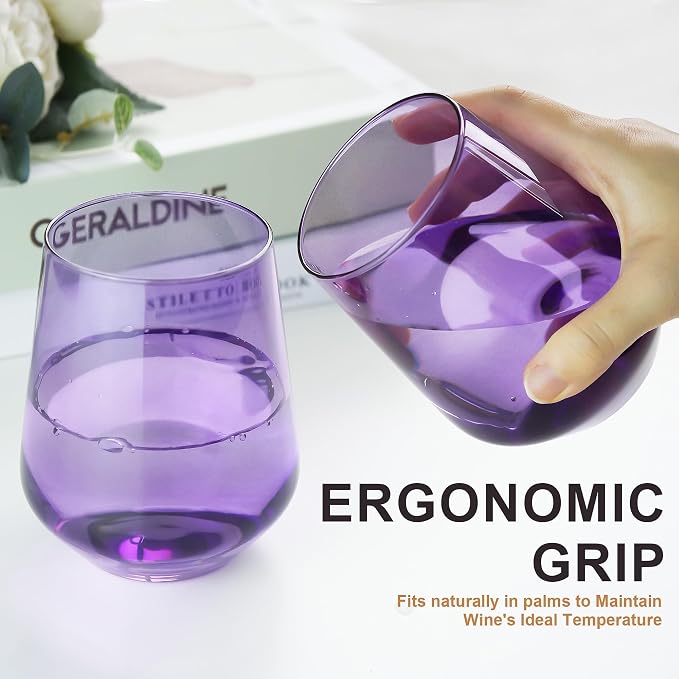 Purple Stemless Wine Glasses Set of 6, 15oz Drinking Glassware Dishwasher Safe, Wine Glass Tumblers for Red or White, Gift for Party, Holiday, Anniversary, Restaurant, Home Bar, Daily Use