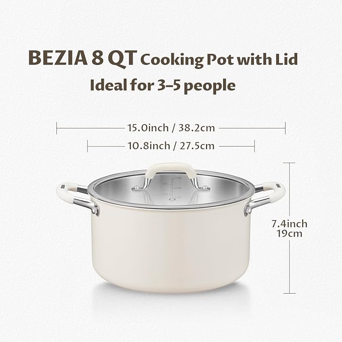 BEZIA 8QT Fully Clad 3-Ply Stainless Steel Stock Pot with Lid, Cooking Pot | Cool-Touch Silicone Handles, Premium Heat Retention & Durability, Oven & Dishwasher Safe, Induction Ready, for Family Stews