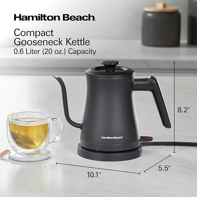 Hamilton Beach Compact 20 oz. / 0.6 Liter Gooseneck Electric Kettle | Boiling Water, Pour Over Coffee, Tea | 1200 Watts | Auto Shutoff | Stainless Steel BPA-Free Interior | Black