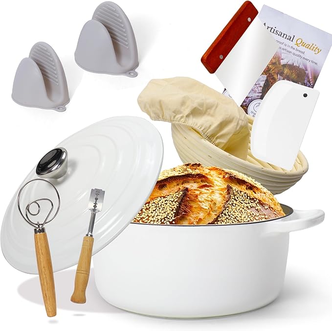 5QT Enameled Cast Iron Dutch Oven for Bread Baking with Lid, Sourdough Baking Supplies with Proofing Basket, Bread Making Tools Set, Heavy-Duty Cookware for Braising, Stews, Roasting White