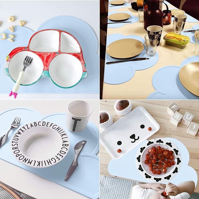 Kids Placemats, Silicone Placemats for Kids Baby Toddlers, Portable Food Mat, Reusable Placemats for Home, Restaurant, Travel and High Chairs-Easy to Clean and Roll Up Light Blue