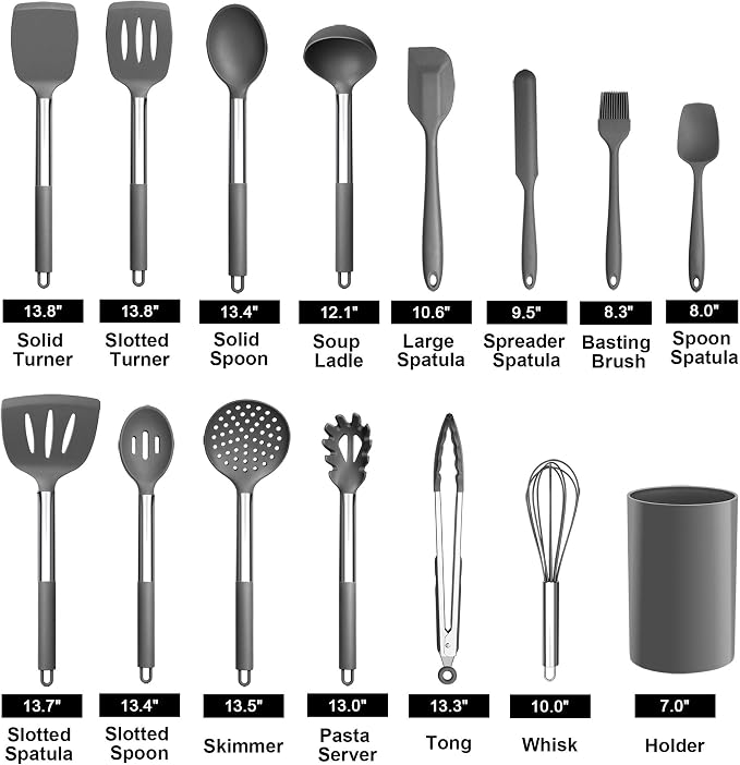 LIANYU 15-Piece Cooking Kitchen Utensils Set with Holder | Silicone Kitchen Tools Stainless Steel Handle, Slotted Spatula Spoon Turner Tong Whisk Brush for Cooking, Gray