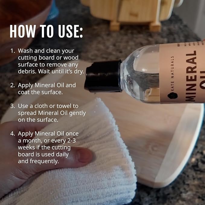 Kate Naturals Mineral Oil for Wood Cutting Board, Food Grade, Odorless, 8oz | Food Safe Mineral Oil to Protect Wooden Cutting Board, Butcher Block, Utensils, Bamboo Boards, Stainless Steel Knife