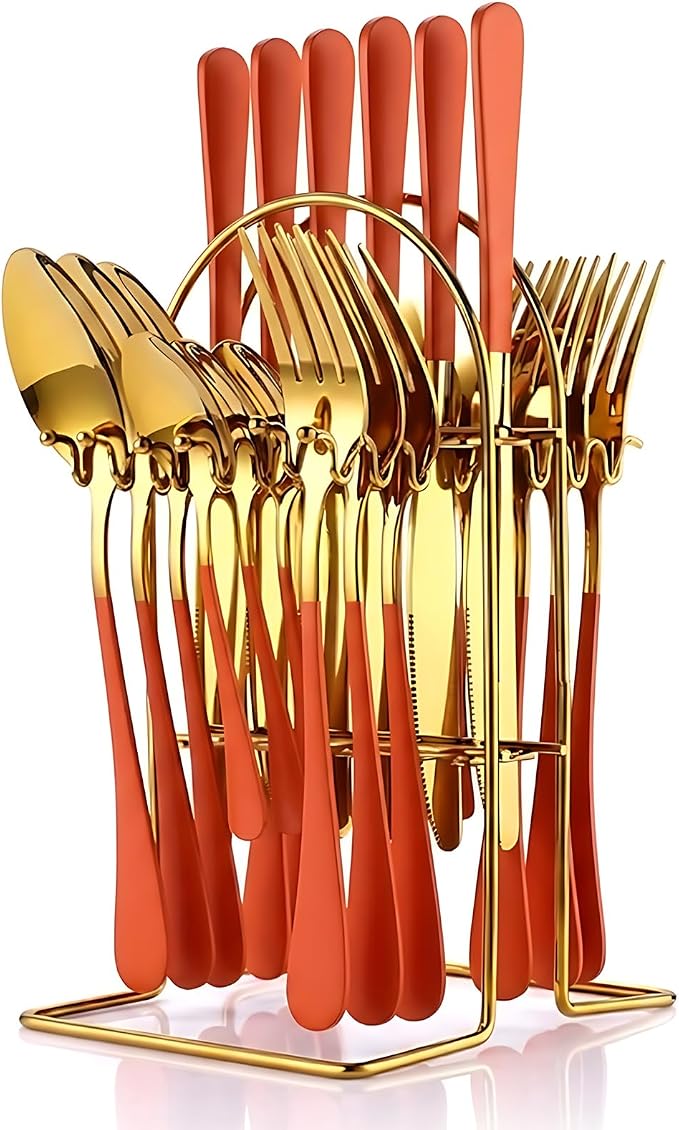 Orange Silverware Set with Holder for 6-24 Piece Stainless Steel Flatware Set with Spoons, Forks, Knives, Heavy Duty Mirror Polished Cutlery Set for Home, Kitchen, Restaurant (Orange-Gold)