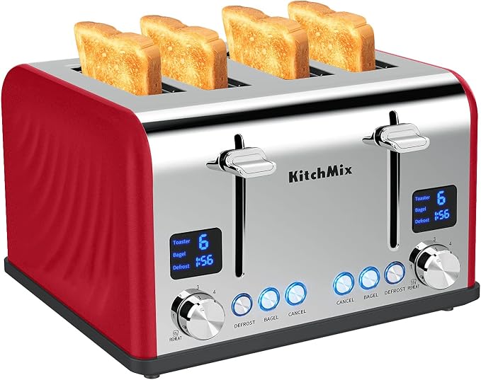 Toaster 4 Slice, KitchMix Bagel Stainless Toaster with LCD Timer, Extra Wide Slots, Dual Screen, Removal Crumb Tray (Red)