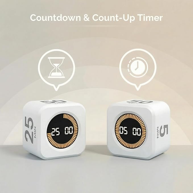 KADAMS Pomodoro Timer Visual - Productivity Pomodoro Cube, 5/10/25/50 Min Countdown & Countup, Silent – Ideal for Work Study Cook Workout Kitchen School Classroom Office Gift Kids (1, White)