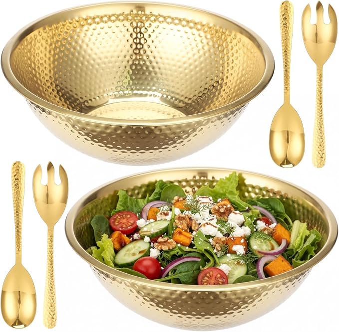 Joyibay 2 Pcs 13 Inch Gold Stainless Steel Salad Bowl Set, 4-Pc Utensil Set | Kitchen mixing bowls for salad, soup, prep, serving, and food storage; gold stainless steel look suits table setups