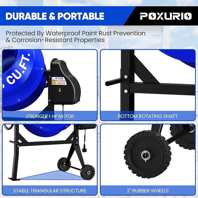 5.3 Cu.Ft. 1HP Electric Cement Mixer, 750W Portable Concrete Mixer Machine with Stand & Wheels, for Stucco, Mortar, Seeds - 2026 Upgraded (Blue)
