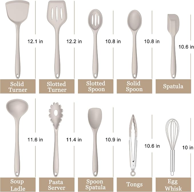 E-far 10 Pieces Silicone Cooking Utensils Set, Heat Resistant Kitchen Utensil Set for Nonstick Cookware, Kitchen Cooking Tools with Spatula, Spoon, Slotted Turner, Non-Toxic & Dishwasher Safe (Khaki)