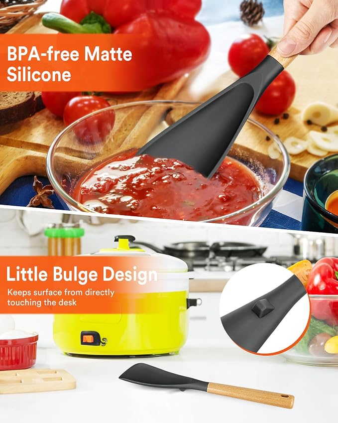 Multifunction Cooking Spoons for Nonstick Cookware,11.4"&13.4",Grey | Great for Cooking and Serving, Sturdy BPA-Free Matte Silicone, Wood Handle spoonula for Mixing, Scoop, and Scrape
