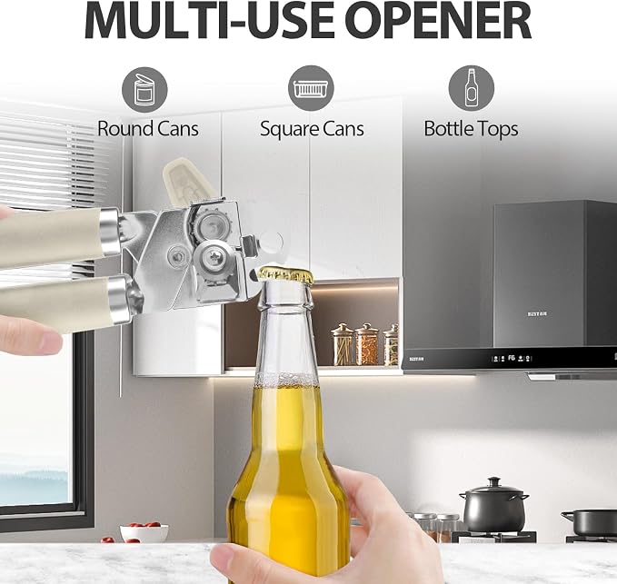 Safring Can Opener Manual, Heavy Duty Handheld Strong Can Opener with Soft Touch Handle, Sharp Blade Smooth Edge, Can Openers with Multifunctional Bottle Opener, Beige