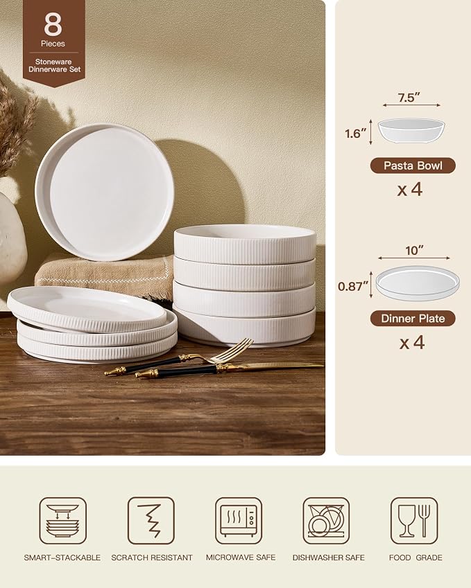 Stoneware Dinnerware Sets for 4, 8-Piece Wide Pasta Bowls and Salad Plates | Famiware Premium Ceramic Dishes, Chip & Scratch Resistant, Microwave & Dishwasher Safe, Everyday & Serving Use, Matte White