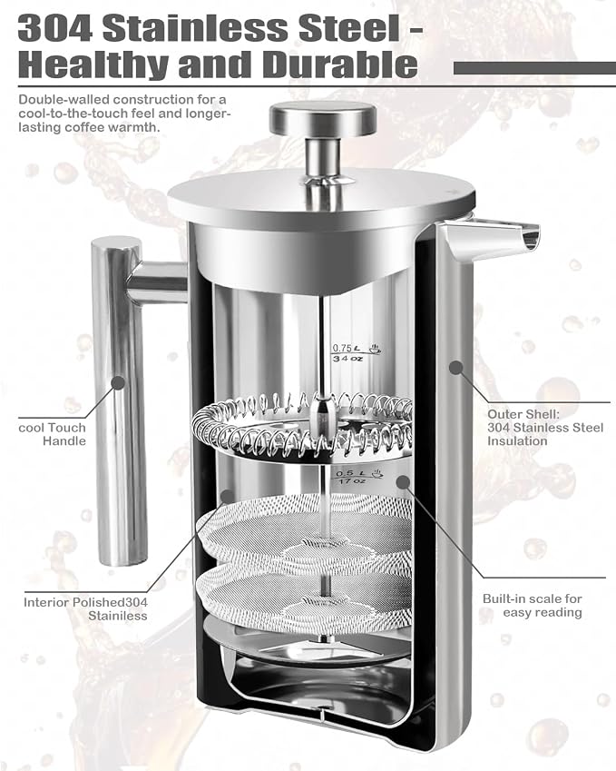 French Press Coffee Maker, Silver, 34 OZ (1 Litre) | 304 Stainless Steel Coffee Press with scale lines and 2 Extra Filters for Kitchen & Camping