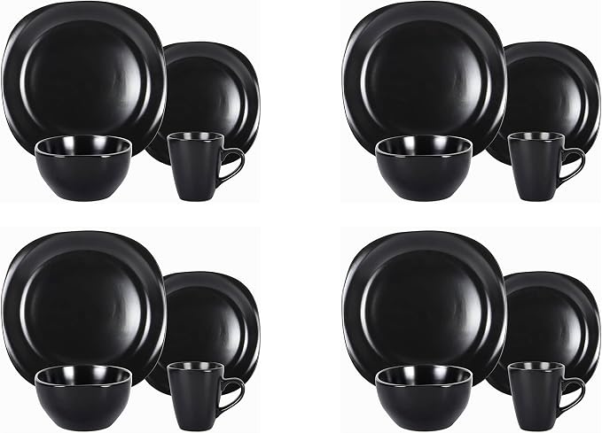 HomeVss, Stoneware Square 16pc Dinnerware Set, Matte Black