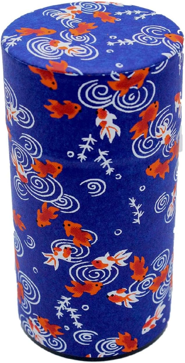 Japanese Pokkan Matcha Coffee Spice Tea Tin Canister Washi Paper Storage with Lid 7.05 oz Capacity (Dark Blue Goldfish, L)