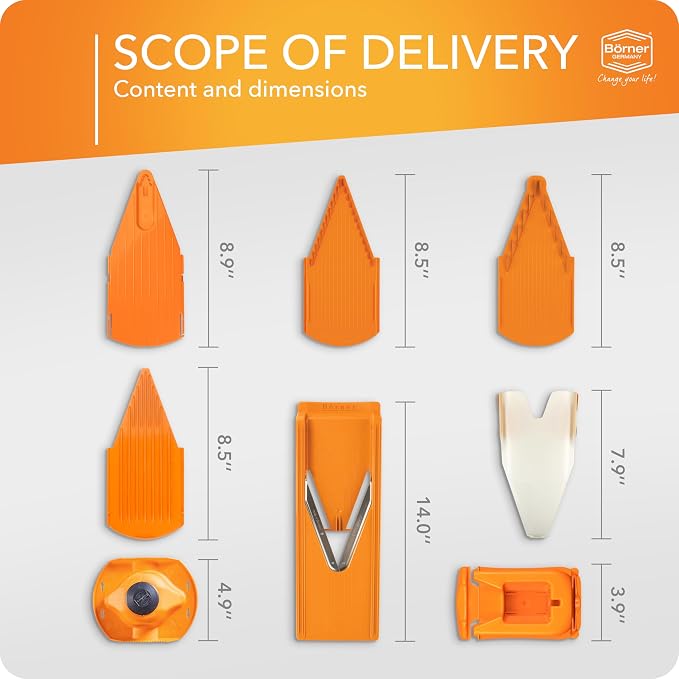 Mandoline Food Slicer Börner V3 (Profi Set) by Reston Lloyd • V-Slicer with 4 Inserts, Docking Station & Food Holder • Made in Germany • Fruit & Vegetable Chopper • Multiple Settings • Color: Orange