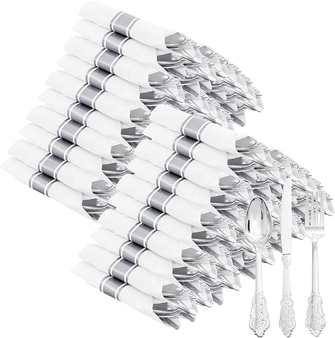 400PCS Pre Rolled Silver Plastic Silverware Sets Fancy for Wedding | Individually Wrapped Utensils, 100 Guests, Durable and Sturdy, BPA free, Includes Matching Napkins, for Formal Party Dinners