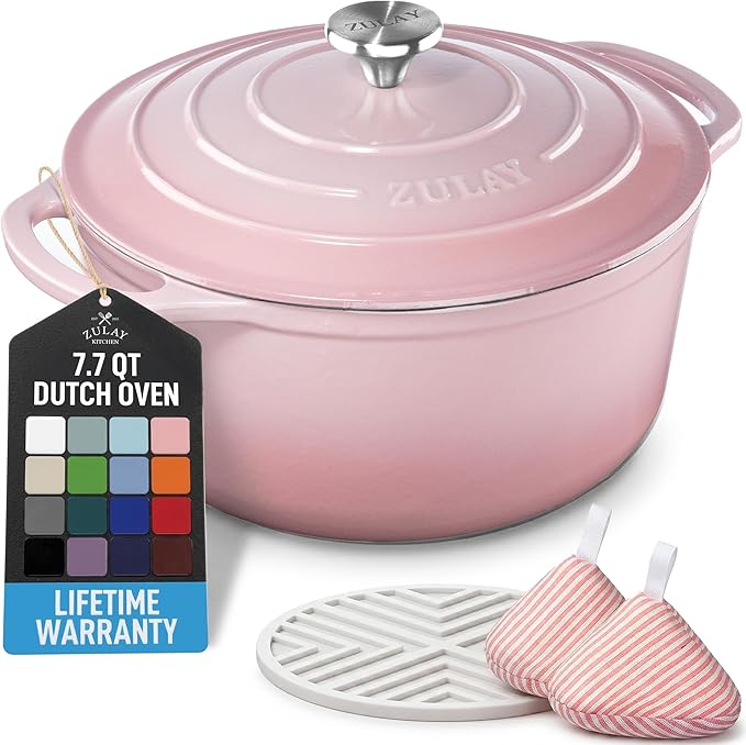Zulay Kitchen 7.7 Quart Enameled Cast Iron Dutch Oven Pot with Lid – Premium Durability & Oven Safe up to 500°F – Heavy Duty Cookware Perfect for Bread Baking, Stews, Braising & Roasting – Pink