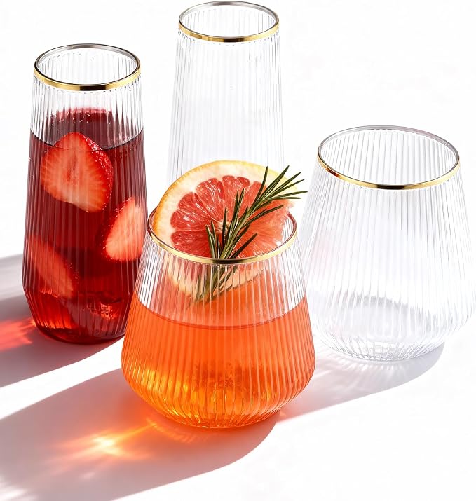BESTSTAR 96 Pack Gold Rim Plastic Ribbed Origami Ripple Plastic Glasses Set | 48 9OZ Stemless Champagne Flutes & 48 12OZ Cups, BPA-Free Shatterproof Clear Drinkware for Weddings, Parties & Events