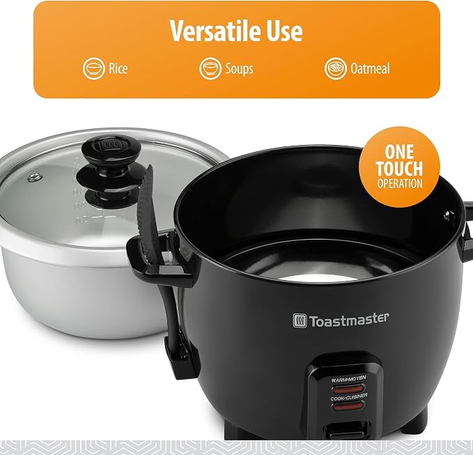 Toastmaster Electric Rice Cooker - Large Capacity for Soups, Oatmeal & More - Automatic Rice Cooker with Tempered Glass Lid & Keep Warm Mode - 10-Cup, Black