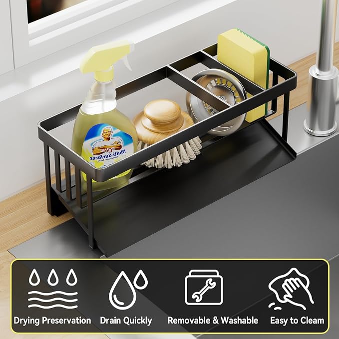 Kitchen Sink Caddy Organizer for Kitchen Countertop Organizers Black | 304 Stainless Steel, Removable Drip Tray, Home Decor Accessories