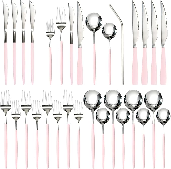 Astercook Silverware Set with Steak Knives 24-Piece Flatware Set for 4 Food-Grade Stainless Steel Pink Cutlery Set Mirror Polished Utensils Set Include Spoons and Forks for Home Kitchen Restaurant