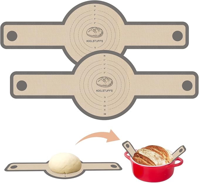 Koolstuffs Sourdough Silicone Bread Sling for Dutch Oven, 2 Pack | Long Handles for Dough Transfer, Nonstick Bread Release, Dishwasher Cleanup, Flexible Reusable Design, Round, Gray