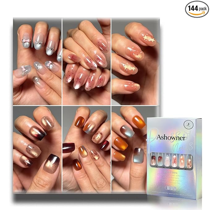 6 Packs (144 Pcs) | Reusable Press on Nails | 6-Style Bundle | 12 Sizes | Each Style 24 Pcs | Soft Neutral & Autumnal