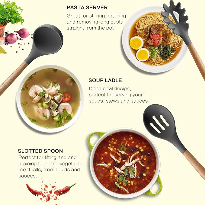 MIBOTE Silicone Cooking Kitchen Utensils Set, 17 Pcs, Wooden Handle, Grey | BPA-Free, Non-Toxic Silicone Turner, Tongs, Spatula, Spoon Set – Great for Nonstick Cookware, Heat-Resistant, Easy Clean