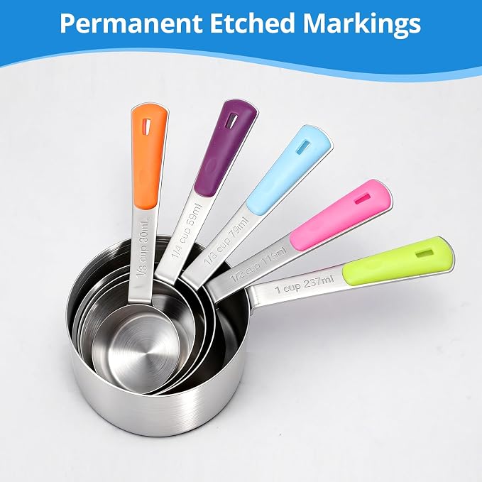 Bopei Measuring Cups and Spoons Set Stainless Steel 10 Piece for Cooking and Baking (5 Cups + 5 Spoons, Colorful Handles)