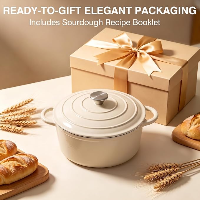 Enameled Cast Iron Dutch Oven Pot with Lid 5.5QT, Sourdough Bread Baking Supplies with Banneton Bread Proofing Basket Set & Starter Jar, Unique Dutch Oven for Bread Baking (Cream White)