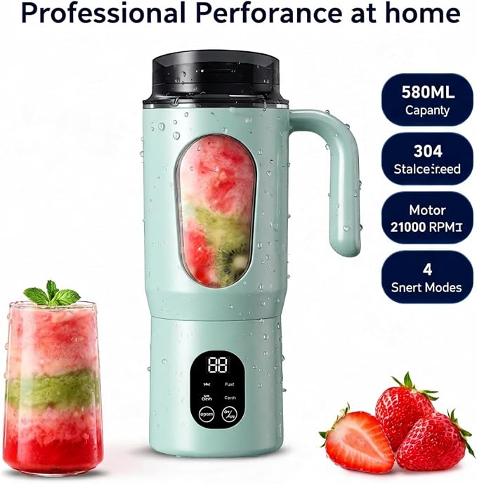 Lilogi 580ML Portable Blender with LED Display, 12-Blade USB-C Rechargeable Travel Blender with Handle & Extra Lid, Ideal for Kitchen, Office, Gym & Outdoor Sports