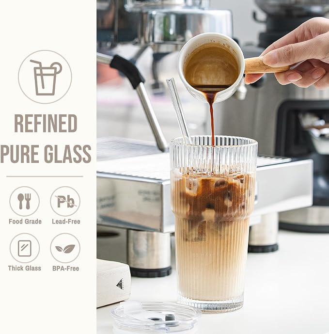 SoulTimes 20oz Ribbed Glass Tumbler with bamboo Lid and Straw – Iced Coffee Glasses Cups for Smoothie, Matcha, Juice, Water etc. Leakproof and Reusable Glassware Drinking for Travel To Go 【4 Pack】