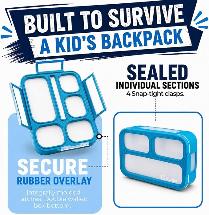 Bento-Box Lunch Box & Portion Control Snack Container Set, Leakproof Lunch-Boxes, Containers for School Meal Prep, Kids Boys Girls Adults, BPA Free, Utensils, Blue Large and MINI 2 pack