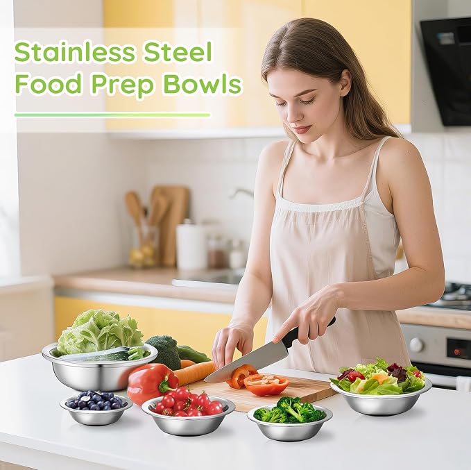 304(18/8) Stainless Steel Mixing Bowls for Kitchen, 6 Pack 7" 21.22 fl.oz Metal Mixing Bowls Set Stackable for Baking Serving Cooking Food Prep Storage Dishwasher Safe Heavy Duty